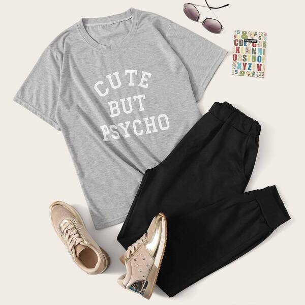 

Letter Print Tee & Solid Pants Set