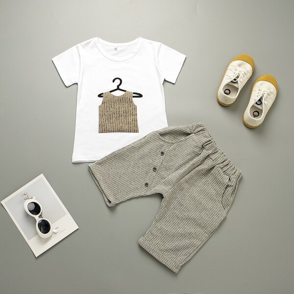 

Toddler Boys Printed Tee With Striped Pants, Multicolor