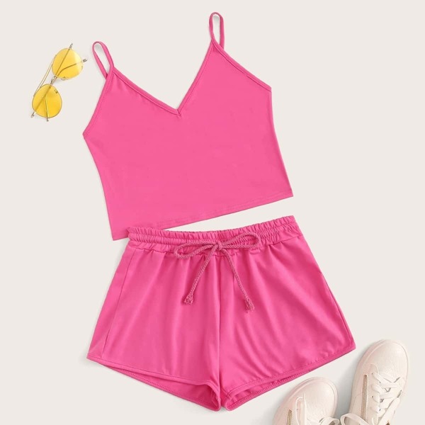 

Solid Cami Top With Drawstring Waist Shorts, Pink