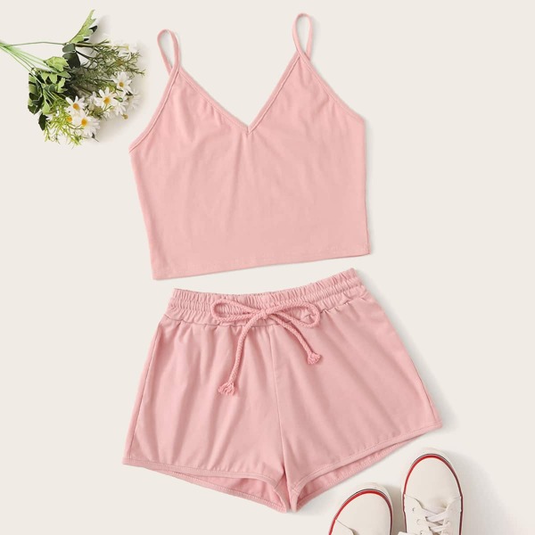 

Solid Cami Top With Drawstring Waist Shorts, Pink