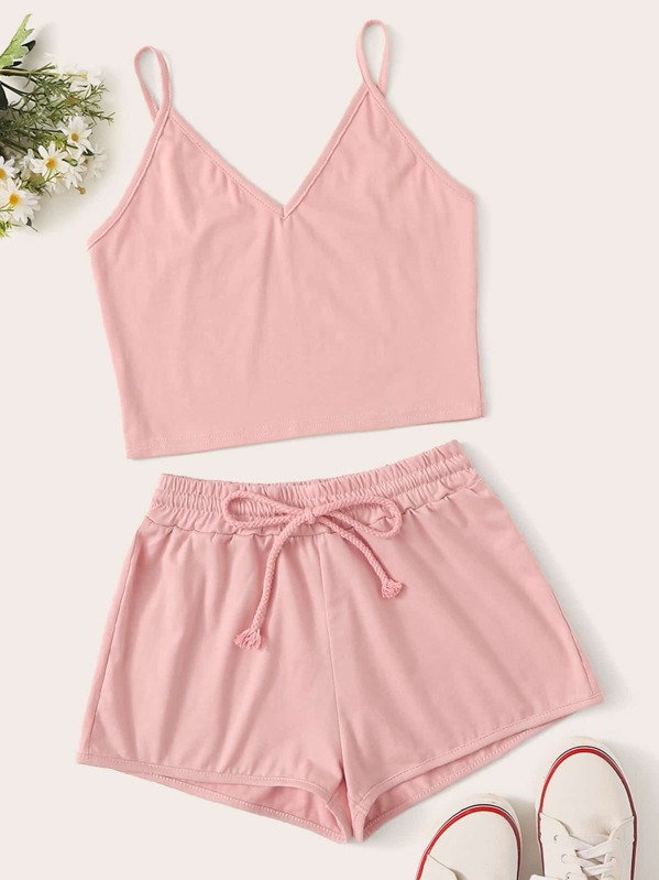 

Solid Cami Top With Drawstring Waist Shorts, Pink