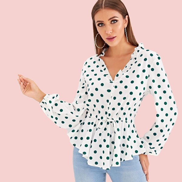 

Polka Dot Frill Trim Knot Front Peplum Blouse