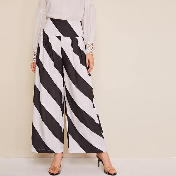 

Random Cut And Sew Wide Band Wide Leg Pants, Black and white