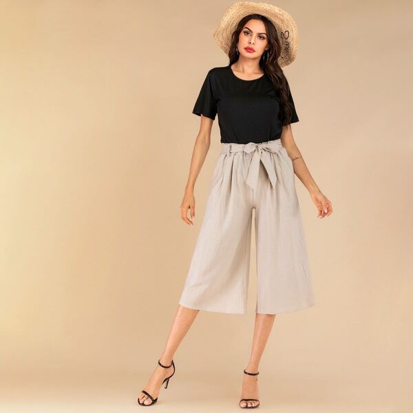 

Solid Tee & Knot Front Wide Leg Pants Set