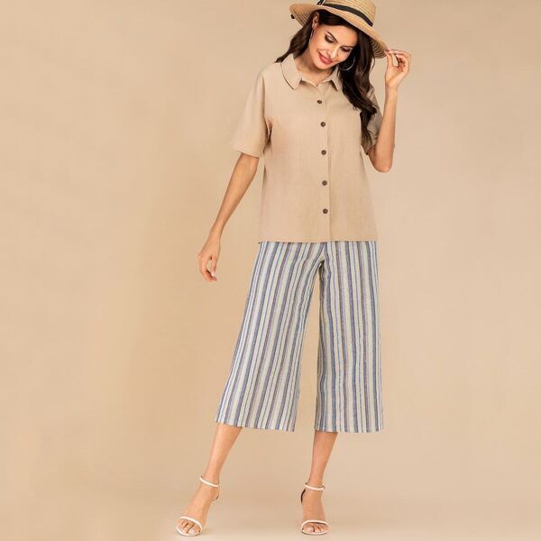 

Solid Button Front Shirt & Striped Wide Leg Pants Set, Multicolor
