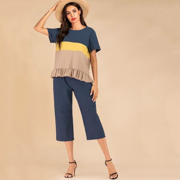 

Colorblock Ruffle Hem Top & Dual Pocket Plicated Pants Set, Multicolor