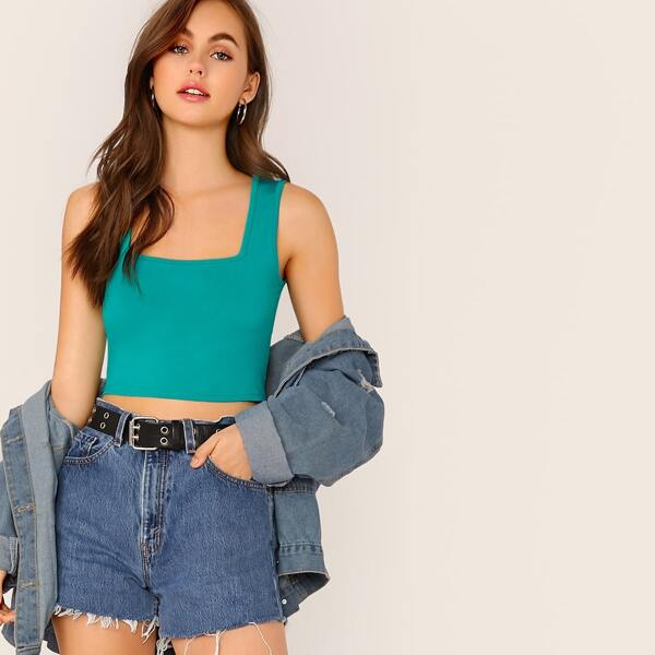 

Solid Square Neck Form Fitting Top, Green