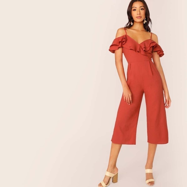 

Cold Shoulder Layered Ruffle Jumpsuit, Red