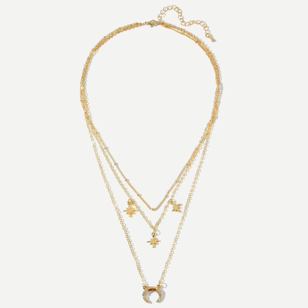 

Rhinestone Engraved Star & Moon Layered Necklace 1pc, Gold