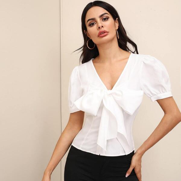 

Solid Puff Sleeve Tie Front Top