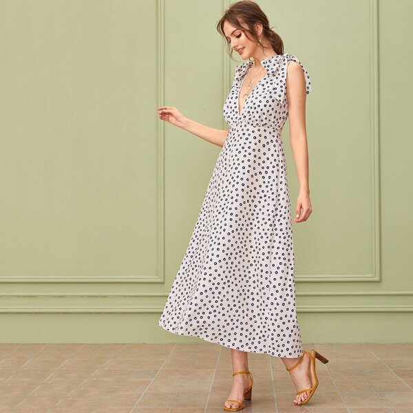 

Dot Print Plunge Neck Knotted Shoulder Dress