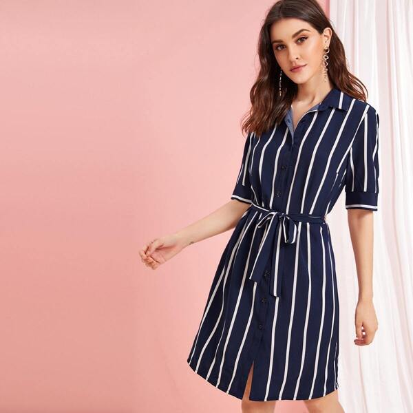 

Striped Button Front Belted Shirt Dress