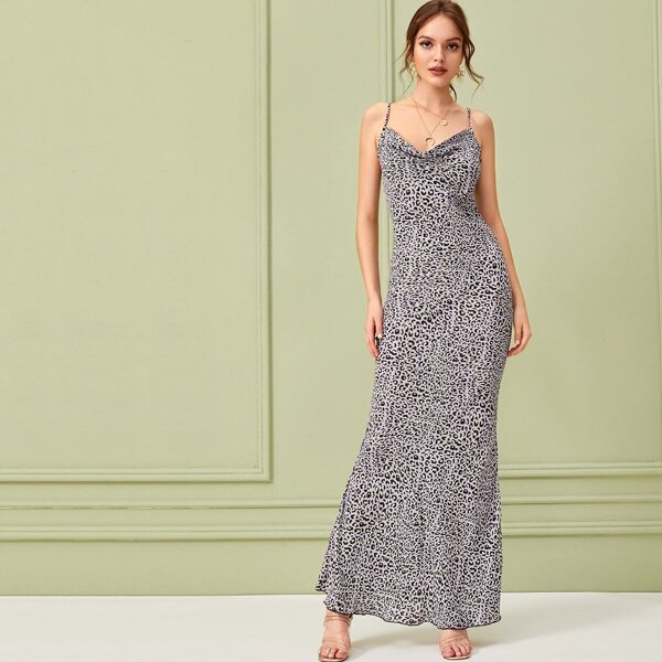 

Leopard Print Draped Neck Maxi Slip Dress