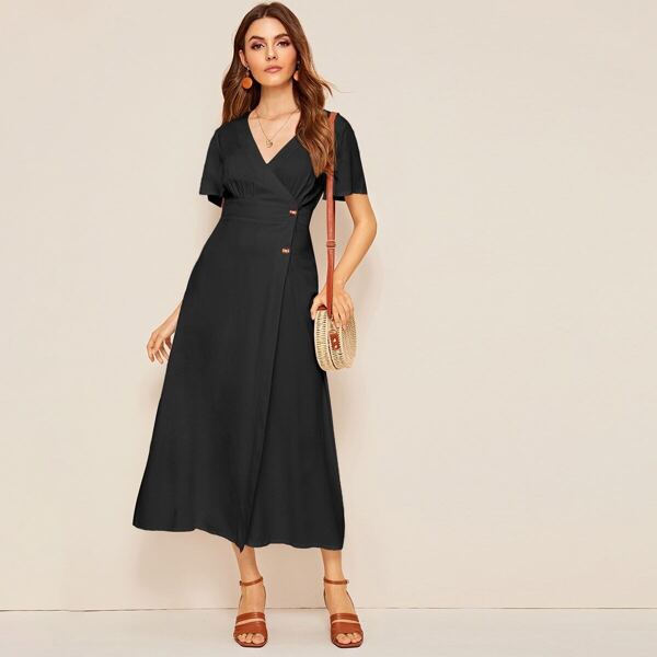 

Flutter Sleeve Buttoned Wrap Longline Dress, Black