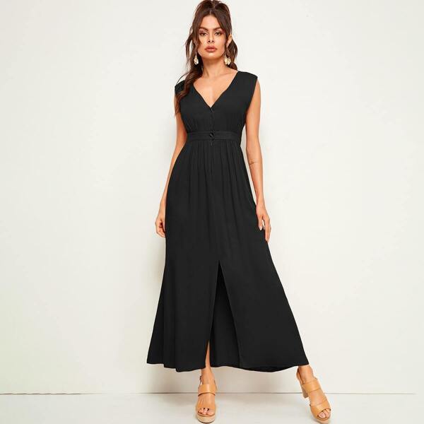 

Button & Zip Front Slit Hem Sleeveless Maxi Dress, Black