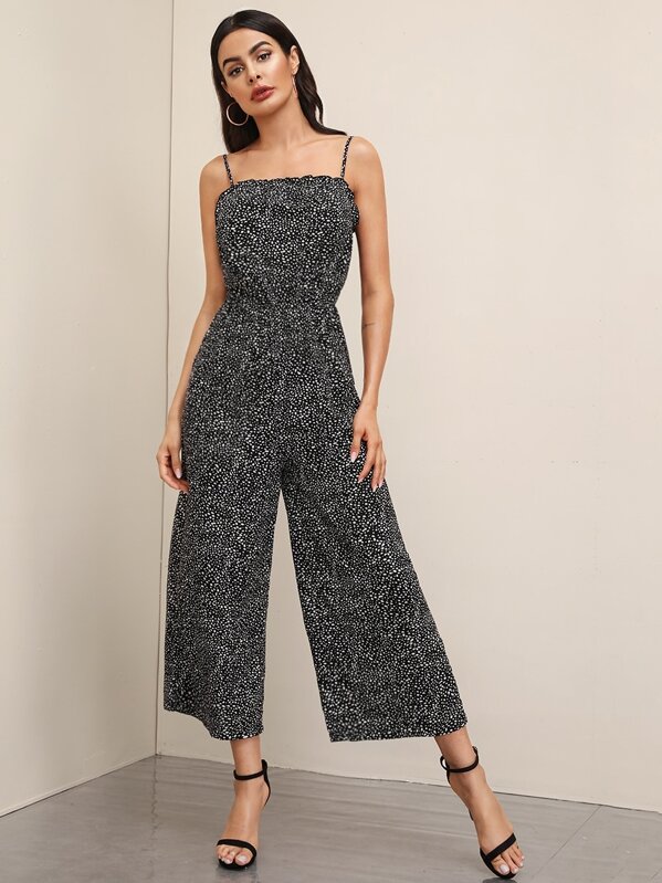 

Dalmatian Print Frill Trim Wide Leg Cami Jumpsuit, Black and white, Andy