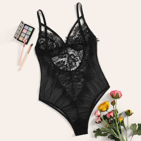 

Floral Lace Sheer Teddy Bodysuit