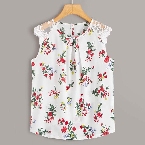 

Floral Print Contrast Lace Button Keyhole Blouse