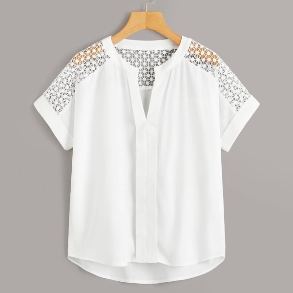 

Hollow Out Crochet Dip Hem Blouse