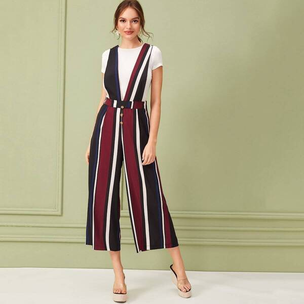 

Button Front Striped Wide Leg Jumpsuit