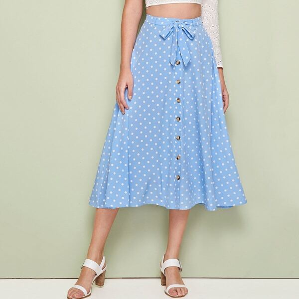 

Button Front Polka Dot Belted Skirt