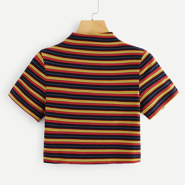 

High Neck Colorful Striped ribbed Crop Tee