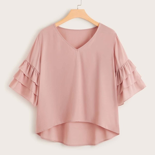 

Plus Layered Sleeve Curved Hem Blouse, Pink