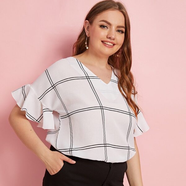 

Plus Grid Print Flounce Sleeve V-neck Blouse