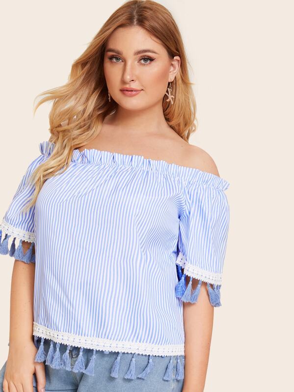 

Plus Striped Fringe Trim Off The Shoulder Top, Blue, Nora