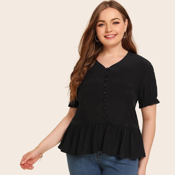 

Plus Button Front V-neck Ruffle Hem Blouse