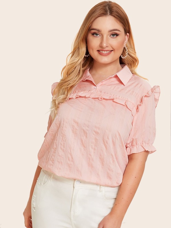 

Plus Striped Frill Trim Flounce Sleeve Blouse, Pink, Nora