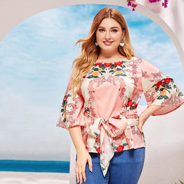 

Plus Tribal & Floral Print Tie Front Blouse, Multicolor