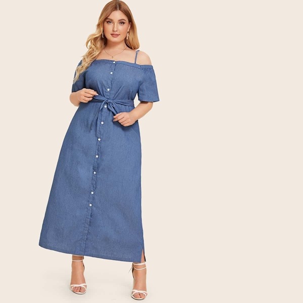 

Plus Button Front Self Tie Denim Dress, Navy