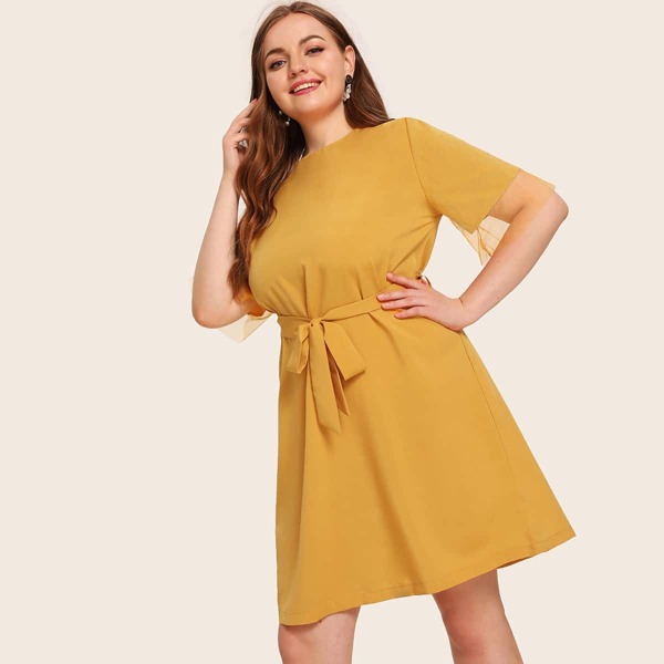 

Plus Solid Contrast Mesh Self Tie Dress, Yellow