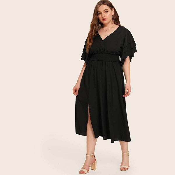 

Plus Layered Sleeve Shirred Waist Slit Hem Dress