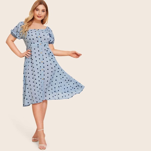 

Plus Button Front Polka Dot Tea Dress, Blue