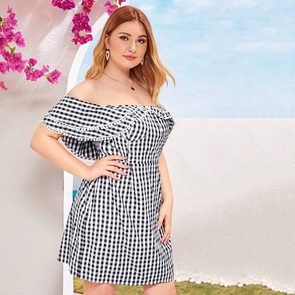 

Plus Gingham Flounce Trim Bardot Dress, Black and white