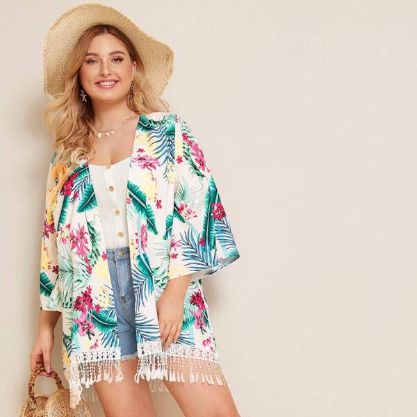 

Plus Tropical Print Fringe Hem Kimono, Multicolor