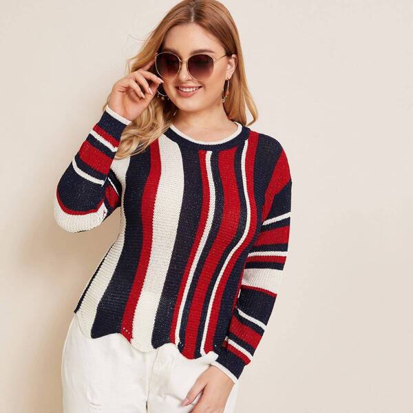 

Plus Striped Scallop Trim Sweater, Multicolor