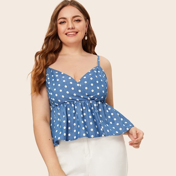 

Plus Polka Dot Ruffle Hem Denim Cami Top