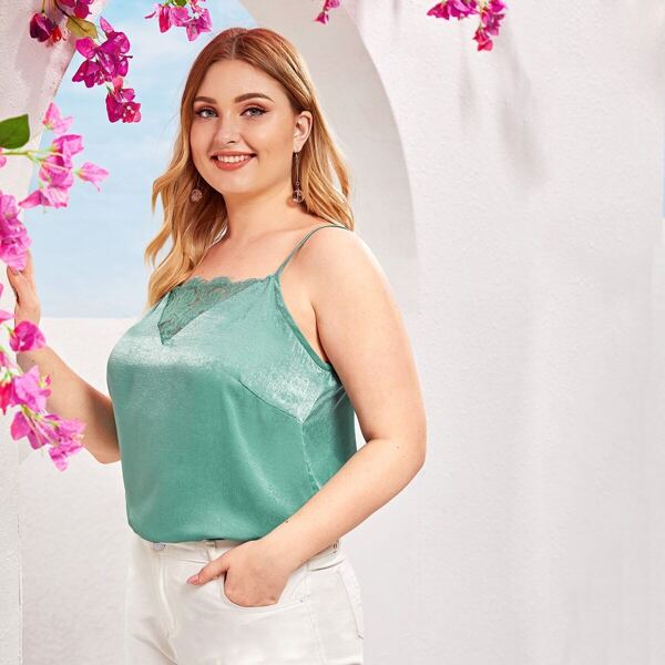 

Plus Contrast Lace Cami Top, Green