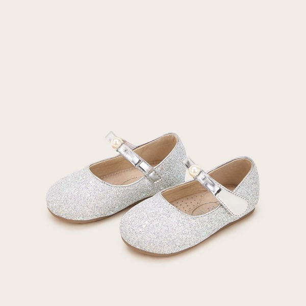 

Baby Girls Faux Pearl Decor Glitter Flats, Silver