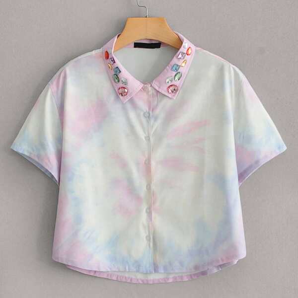 

Contrast Rhinestone Collar Tie Dye Shirt