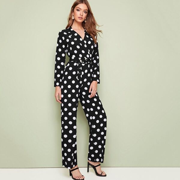 

Polka Dot Notched Neck Belted Jumpsuit