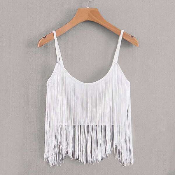 

Solid Fringe Trim Cami Top, White