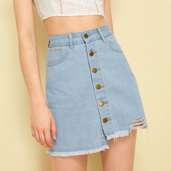 

Button Front Raw Hem Denim Skirt