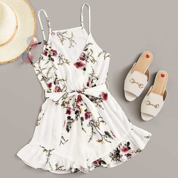 

Floral Print Surplice Front Ruffle Hem Belted Cami Romper, Multicolor