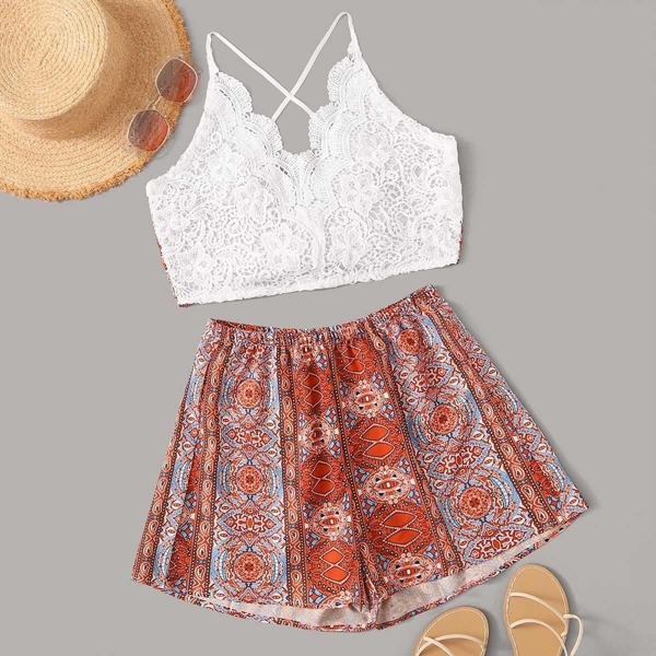 

Random Tribal Print Contrast Lace Tie Back Cami Top With Shorts