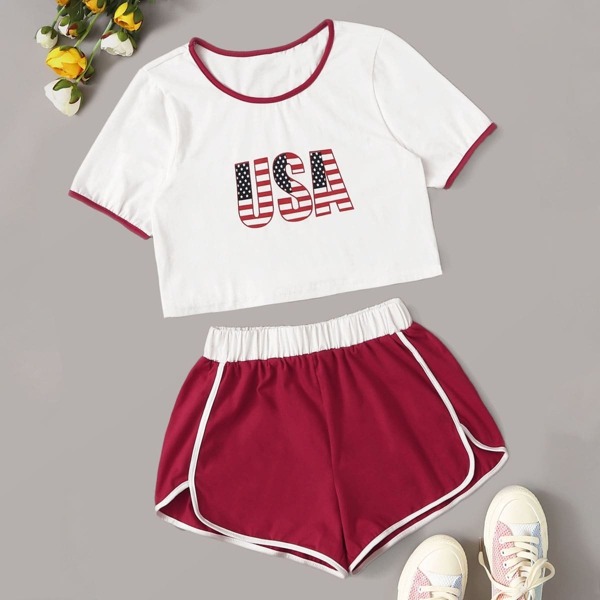 

Letter Print Contrast Binding Tee With Track Shorts