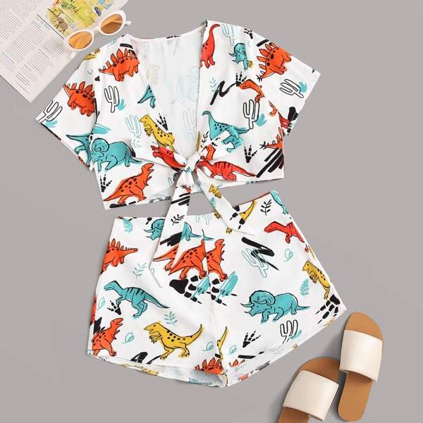 

Dinosaur Print Tie Front Top With Shorts, Multicolor